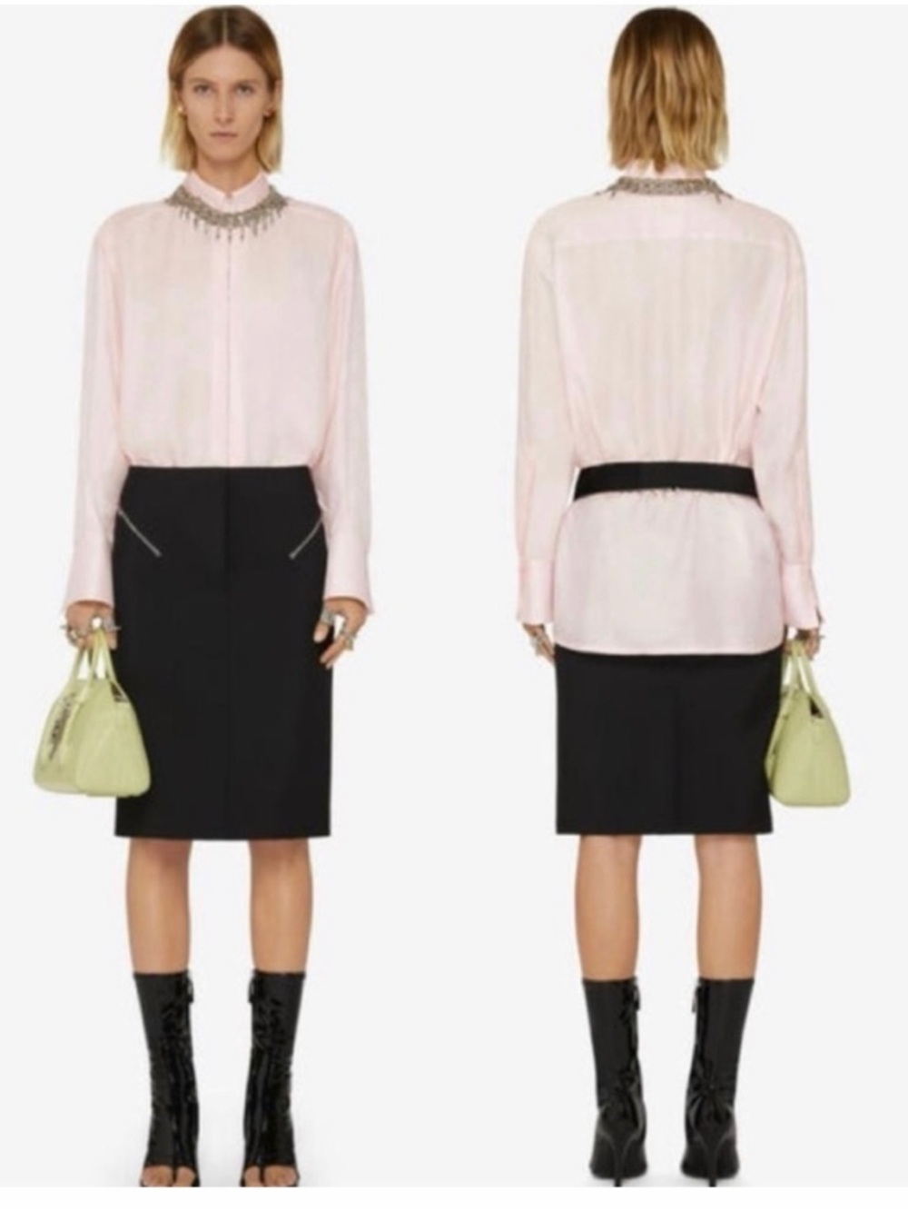 GIVENCHY LOGO 4G Silk Zip-front Jacquard Satin Shirt Long Sleeve Blouse Tunic